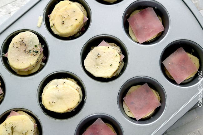 process shot showing how to assemble gruyere potato stacks