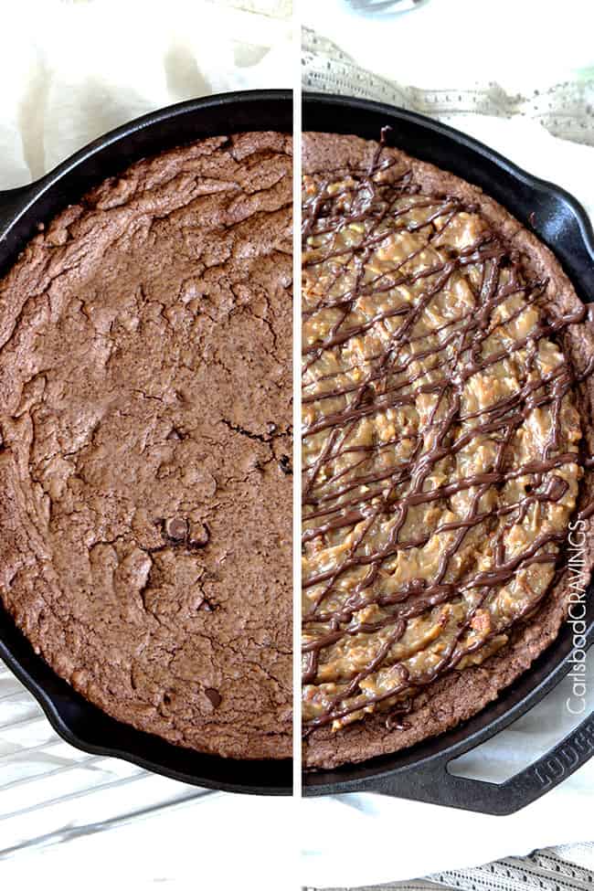 Showing how to make German Chocolate Cake Skillet Cookie baking cookie dough in a skillet and adding caramel.