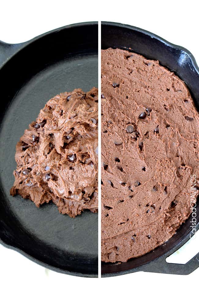 Showing how to make German Chocolate Cake Skillet Cookie by adding cookie dough to a skillet.