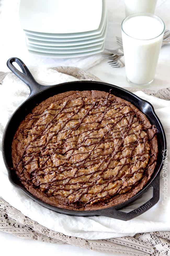 Showing how to make German Chocolate Cake Skillet Cookie after taken out of oven.