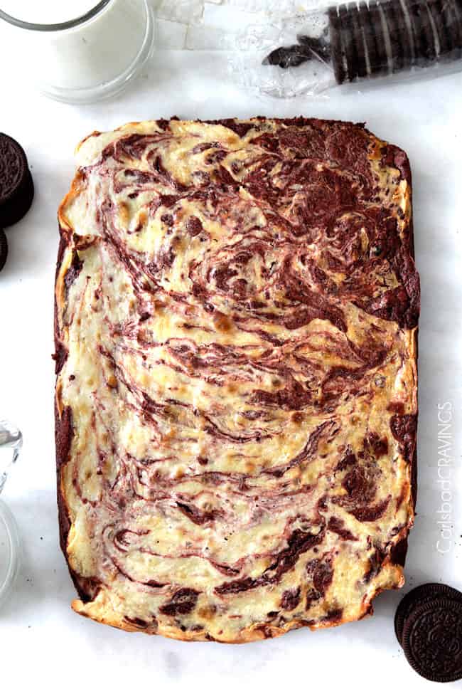 overhead view of unsliced red velvet cheesecake brownies