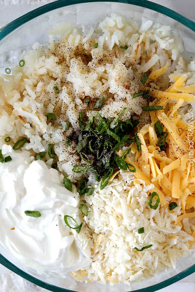 showing how to make shepherd's pie by adding potatoes, sour cream and cheese to a bowl