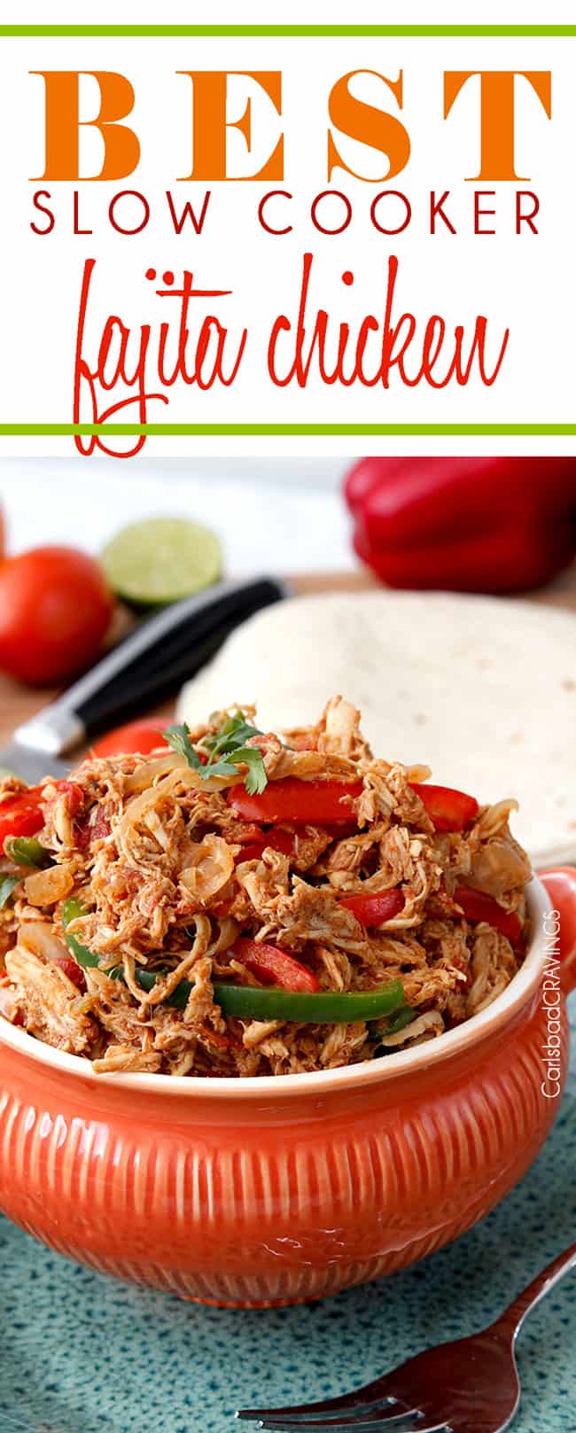 Crockpot Chicken Fajitas are the easiest way to make restaurant delicious chicken fajitas at home! Dump and simmer while you take a nap and let the citrus fiesta bath tenderize your chicken. crock pot chicken fajitas with chicken, bell peppers and onions in an orange serving bowl