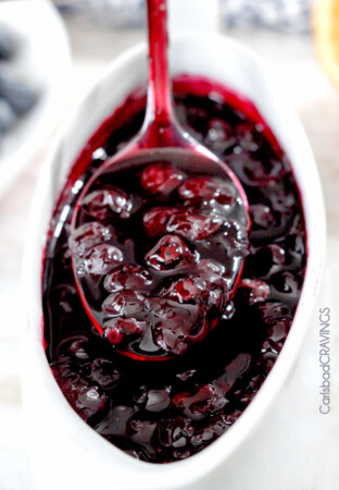 10 Minutes to the BEST Blueberry Sauce or Syrup ever! Amazing on cheesecake, pancakes, crepes, French Toast, etc. and SO EASY! #syrup #blueberries #cheesecake #blueberrysauce #blueberrysyrup