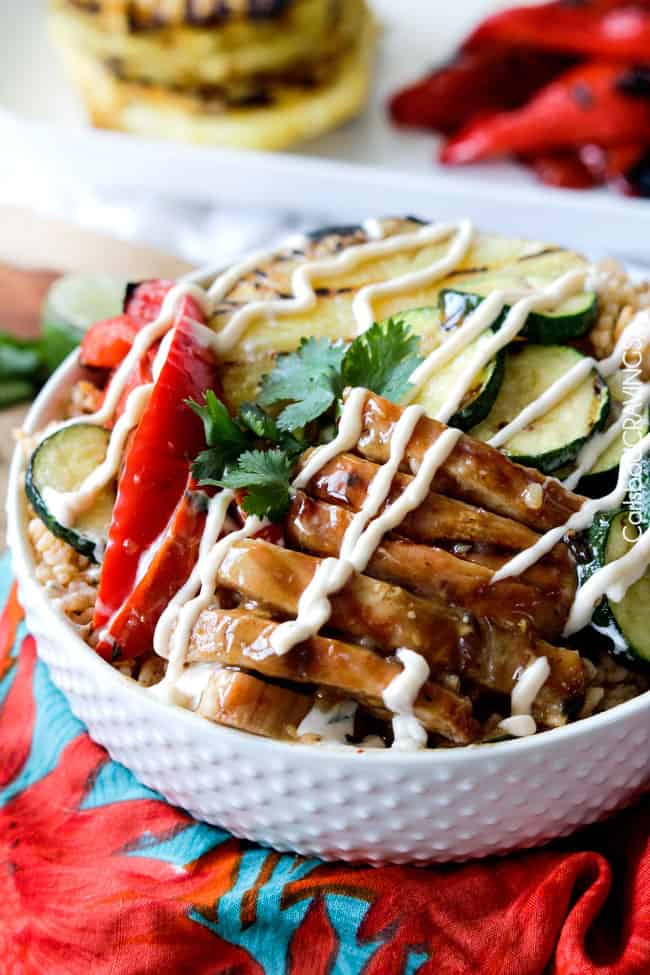 Teriyaki Chicken Bowl drizzled with pineapple sriracha crema