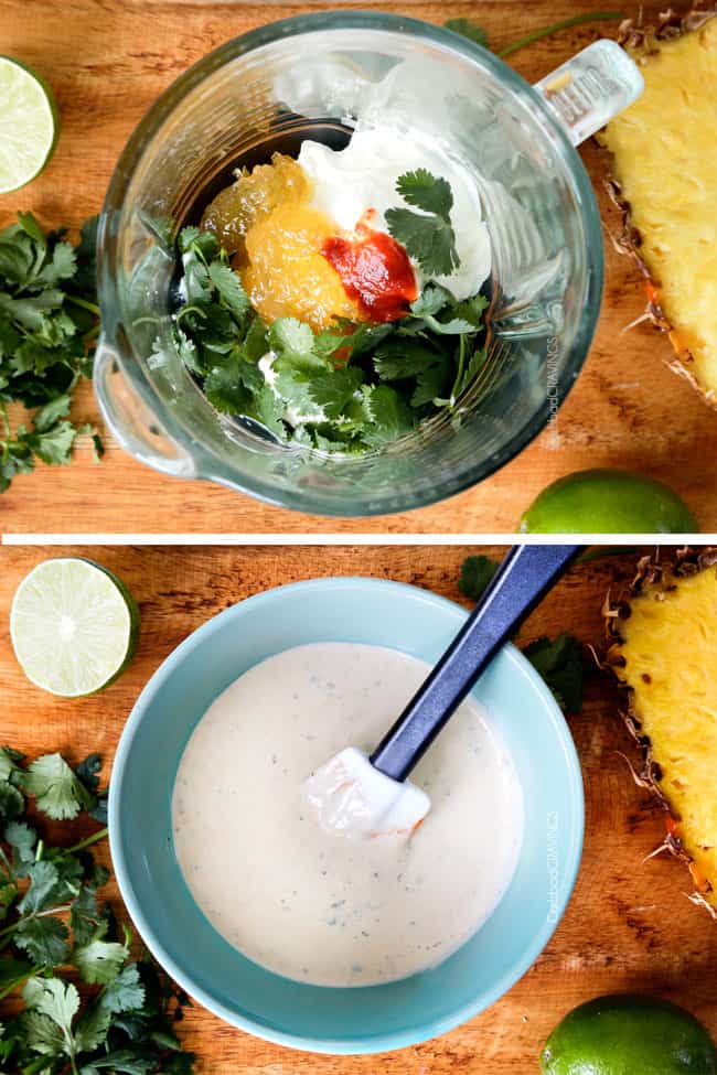 photo collage showing how pineapple sriracha crema is made