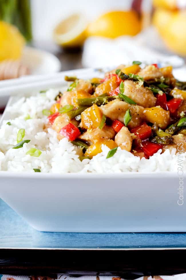 Honey Lemon Chicken Stir Fry atop a bed of white rice