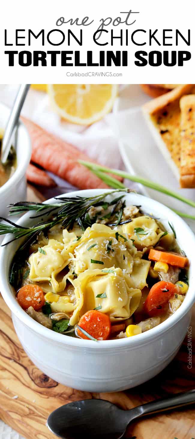 Lemon Chicken Soup bursting with pillows of cheesy tortellini, tender chicken, and vegetables kissed with bright, refreshing lemon juice all made in ONE POT. This Lemon Chicken Soup Recipe is quick and easy, comforting and hearty yet light and fresh at the same time! Lemon Chicken Soup Recipe in a white bowl on a cutting board