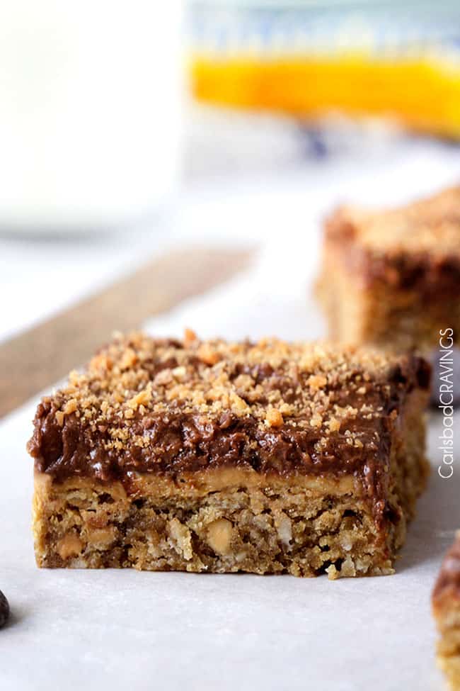 Side view of a Single Peanut Butter Cookie Bars showing the layers.
