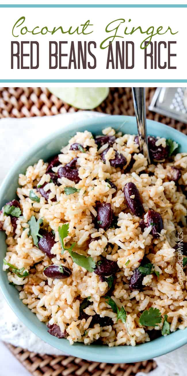 Red Beans and Rice in a blue bowl with a spoon in the rice.