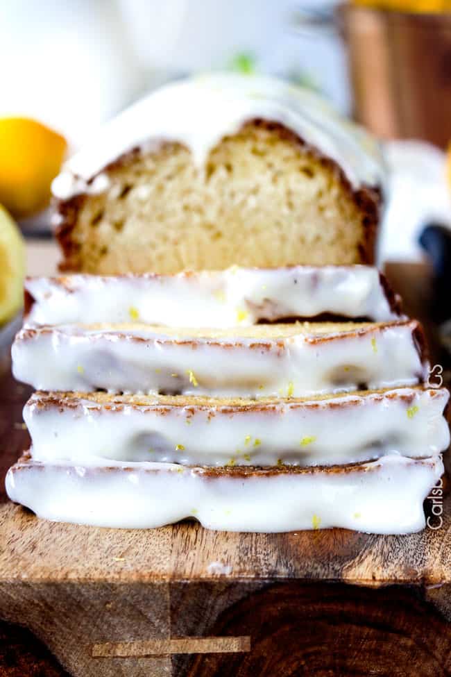 front view of easy Lemon Loaf Cake (Lemon Bread) sliced into thick slices