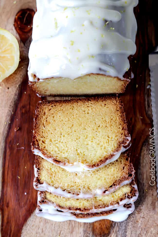 top view of recipe for tart lemon bread with slices laid on the cutting board