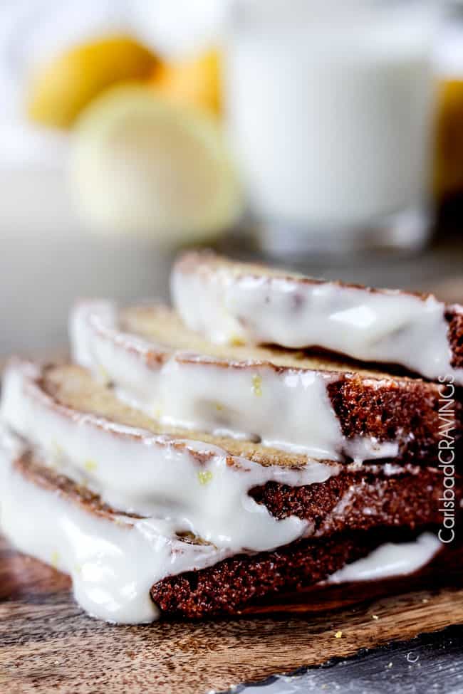 tart Lemon Bread Recipe on a cutting board with cream cheese glaze