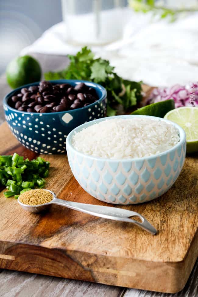Showing how to make Cilantro Lime Rice preparing herbs and rice.