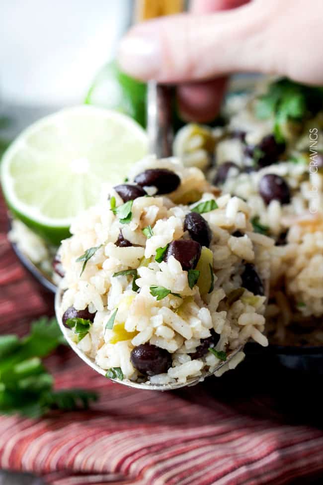 showing how to serve Cilantro Lime Rice recipe with an up close spoonful of rice