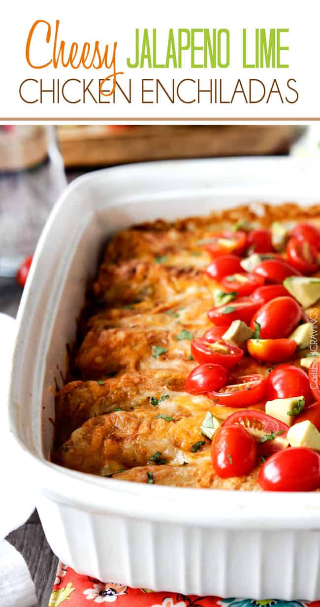 Cheesy Chicken Enchiladas stuffed with tender chicken, cheese and doused in the most irresistible creamy jalapeno sour cream sauce that you will go crazy for! cheesy chicken enchiladas with sour cream in a white casserole dish