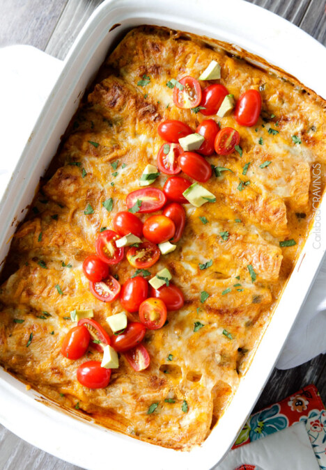 top view of cheesy chicken enchiladas
