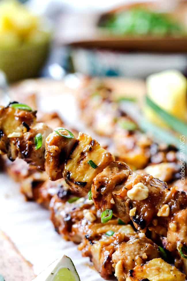 Closeup of this delicious Thai Pineapple Peanut Satay Chicken recipe.