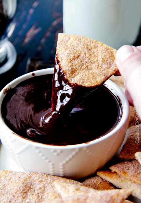 Cinnamon Crisps Recipe dipped in a delicious caramel sauce.