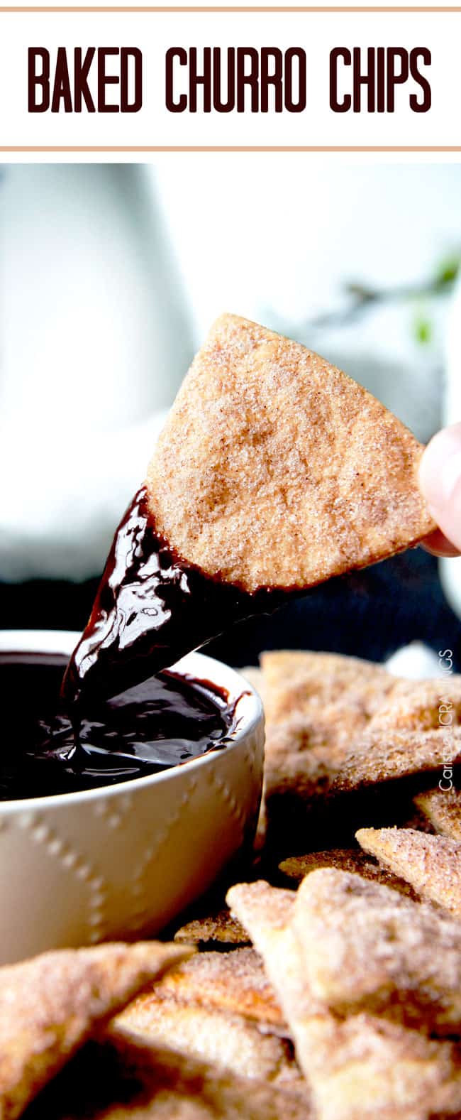 Cinnamon Crisps dipped in a chocolate sauce.