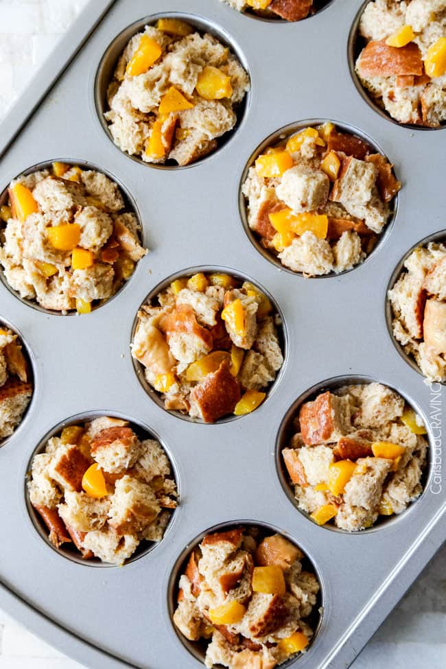 showing how to make French Toast Muffins by adding bread cubes to muffin tin