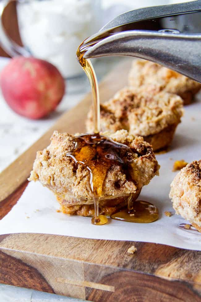 showing how to make French Toast Muffins by pouring syrup over muffins