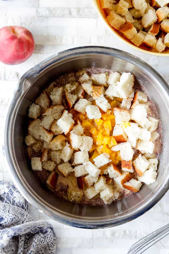 showing how to make French Toast Muffins by adding bread cubes to batter