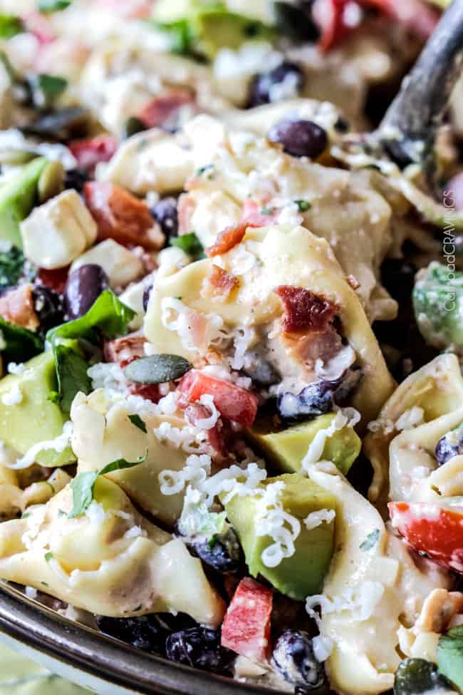 Make ahead, favorite potluck Southwest Pepper Jack Tortellini Salad = cheesy pillows of tortellini, sweet corn, black beans, avocado, bell peppers, etc. bathed in Creamy Salsa Dressing and garnished with bacon, Pepper Jack, sunflower seeds. Oh my YUM! #tortellini #pastasalad #southwest #salad
