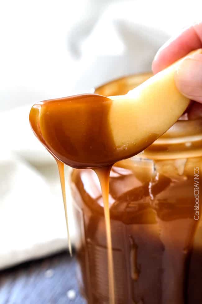 Dipping apples in Coconut Caramel Sauce.