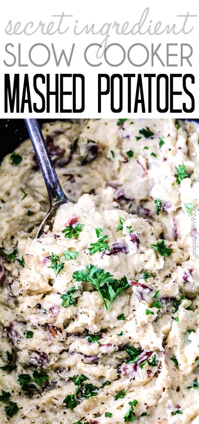 Mega creamy, mega flavorful, mega easy make-ahead Slow Cooker Mashed Potatoes are about to become your favorite go-to mashed potatoes. You will never need to peel or boil potatoes again! up close of creamy crockpot mashed potatoes