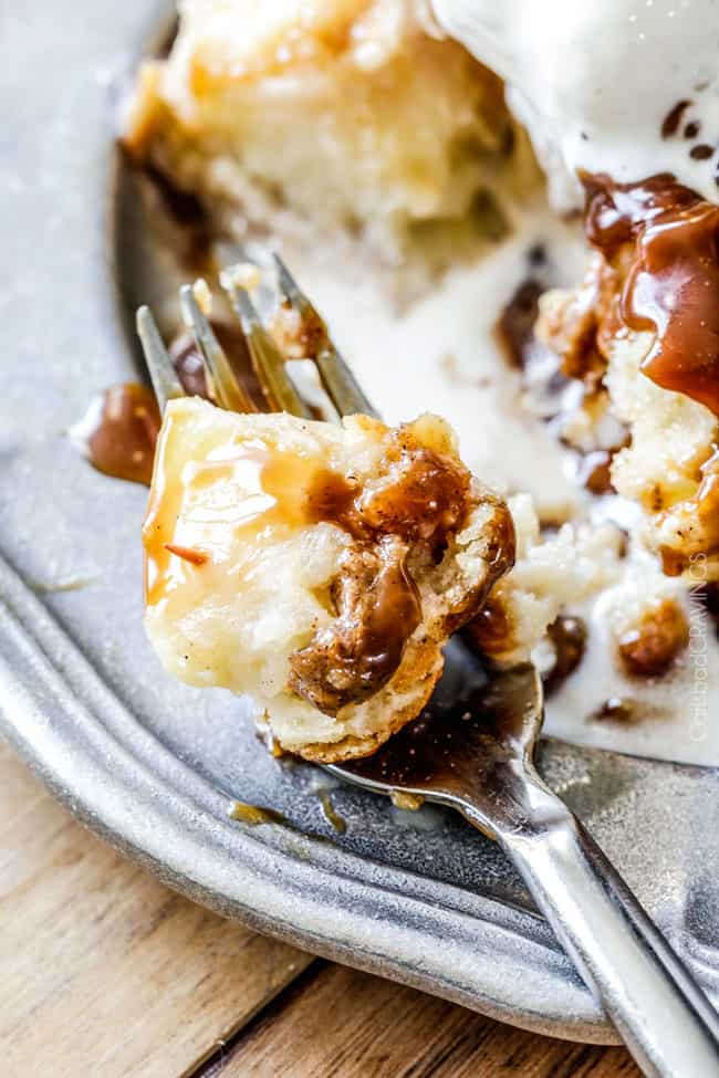 taking a bite out of apple dumplings showing how soft it is