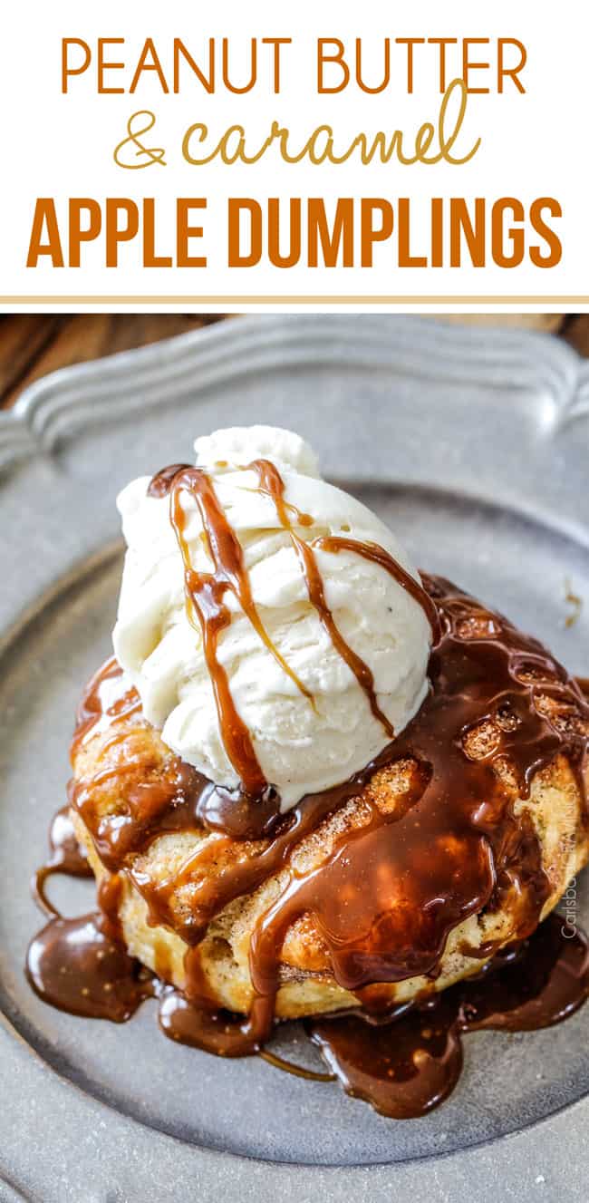 Caramel Apple Dumplings AKA the best apple dumplings ever! Perfectly buttery, flaky pastry, oozing cinnamon and sugar peanut butter filling all drizzled with silky caramel. Easy Apple Dumplings on a silver plate with vanilla ice cream and caramel