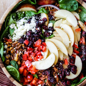 Apple Cranberry Bacon Candied Walnut Salad with Apple Poppy Seed Vinaigrette belongs on your table this Thanksgiving and all Autumn long! The perfect STRESS FREE make ahead side!