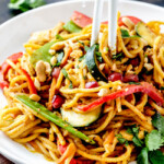 Easy 25 Minute Spicy Thai Pumpkin Noodles (with chicken option) are quick and easy to whip up and smothered in the most tantalizing spicy peanut pumpkin sauce that you will want to make year round!