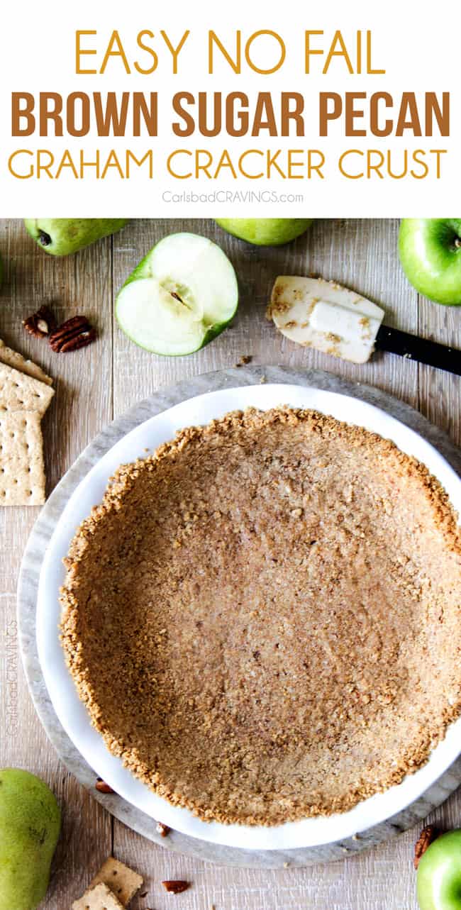 overhead view of a pecan crust in a pie plate