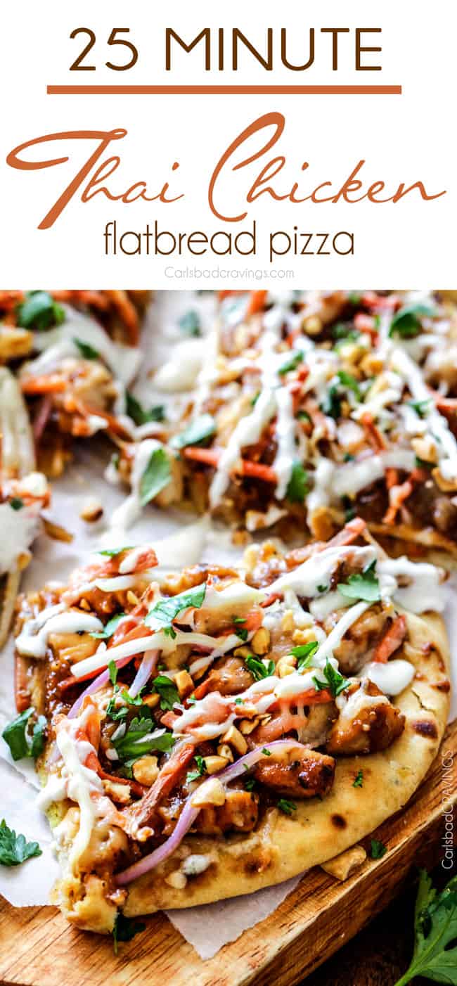CPK inspired 25 Minute Thai Chicken Flatbread Pizza smothered in easy tangy peanut sauce, tender chicken, mozzarella cheese, crunchy carrots, sprouts and peanuts and the option of creamy coconut yogurt drizzle - an amazing flavor bursting quick dinner at a fraction of the cost. a slice of Thai Chicken Pizza on a cutting board