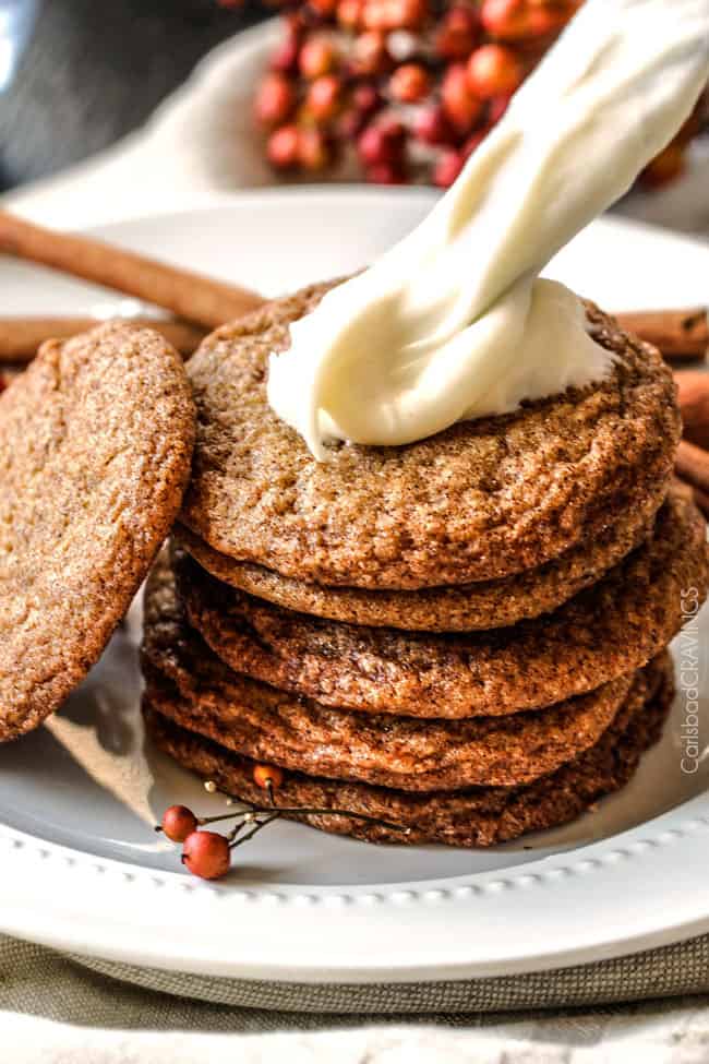 Showing how to make soft and chewy Gingersnap Cookies by adding Eggnog Frosting