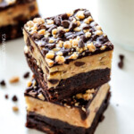 Easy box mix Toffee Chocolate Cookie Dough Brownies don’t get any easier or more delicious! A rich, fudgy brownie topped with eggless, toffee filled chocolate cookie dough!