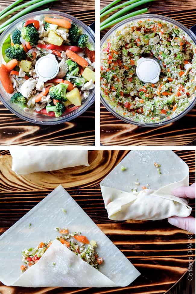 Sweet and Sour Chicken Egg are the best egg rolls I’ve ever had with the best sweet and sour sauce! And made extra fast with the food processor. I am bringing these to all my holiday parties! #appetizer #NewYears #Christmas a collage showing how to make chicken egg rolls by chopping filling in a food processor then showing how to wrap chicken egg rolls in egg roll wrappers by folding up the bottom then the sides, then rolling up