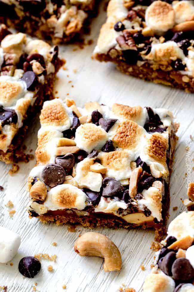 Caramel Nut S'mores Bars with marshmallow on top.