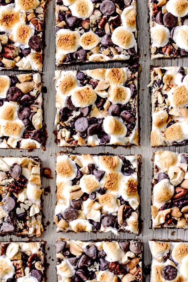 Showing cut up Caramel Nut S'mores Bars.