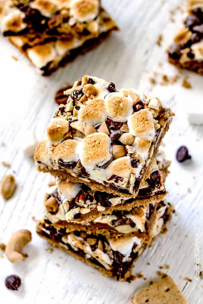 Stack of Caramel Nut S'mores Bars