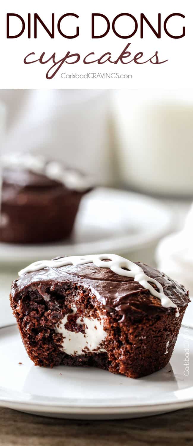 A Ding Dong Cupcake with a bite out of it.