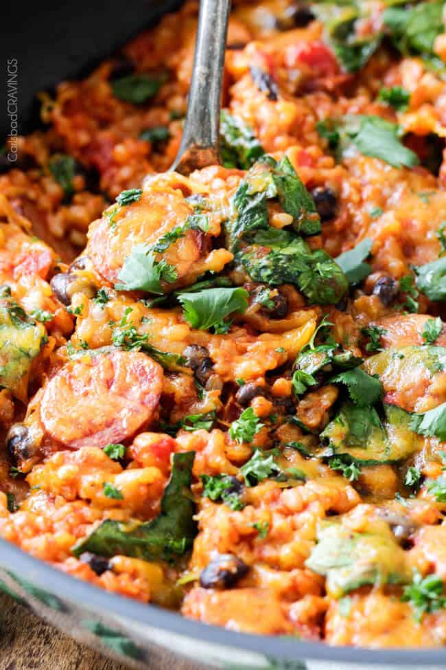 20 MINUTE TexMex Sausage and Rice Skillet is quick, delicious and bursting with flavor from the most amazing Creamy Roasted Red Pepper Jalapeno Sauce for a hearty, comforting one pot meal the whole family will love!