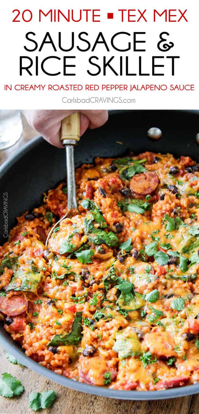 20 MINUTE Tex-Mex Sausage and Rice Skillet is quick, delicious and bursting with flavor from the most amazing Creamy Roasted Red Pepper Jalapeno Sauce for a hearty, comforting one pot meal the whole family will love!