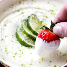 Key Lime Cheesecake Fruit Dip is smooth, creamy and the BEST way to eat fruit! Addictingly delicious make ahead snack or appetizer!