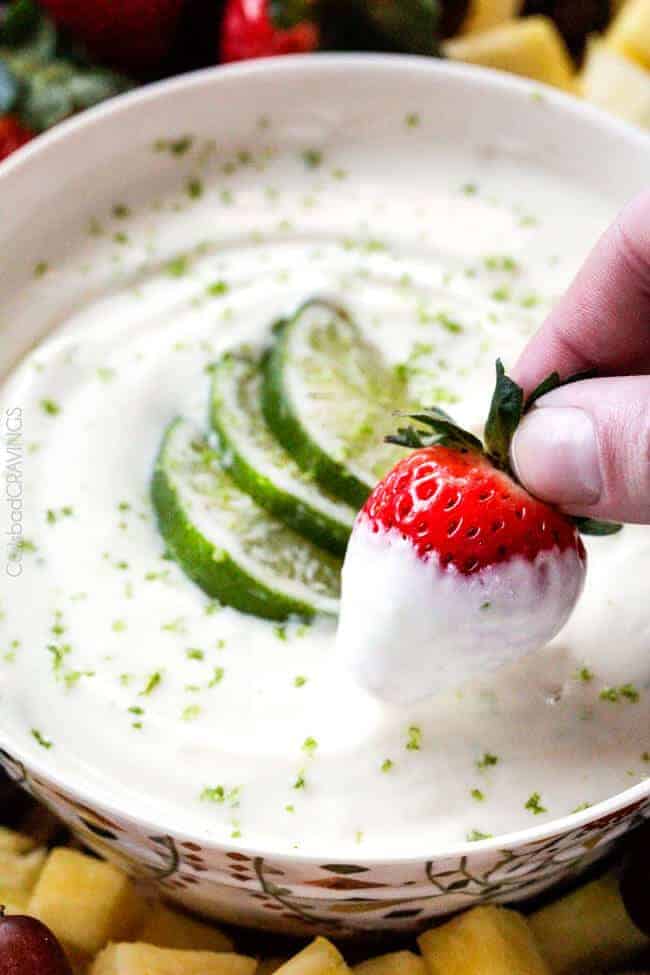 Key Lime Cheesecake Fruit Dip is smooth, creamy and the BEST way to eat fruit! Addictingly delicious make ahead snack or appetizer!