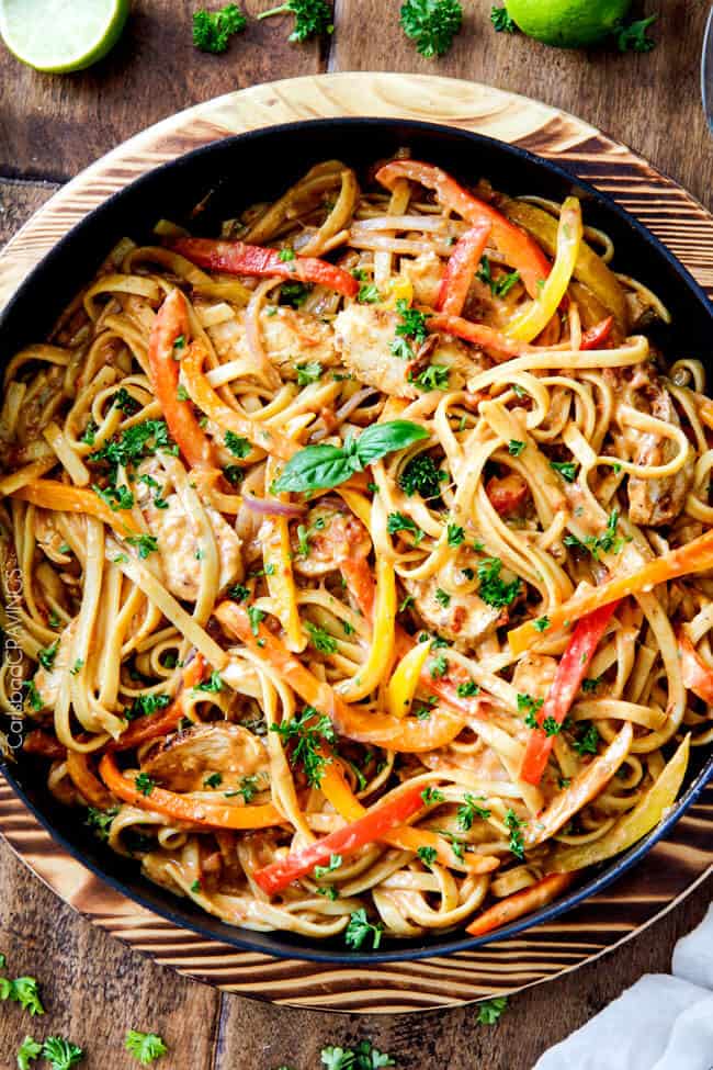 top view of creamy cajun chicken pasta in a skillet.