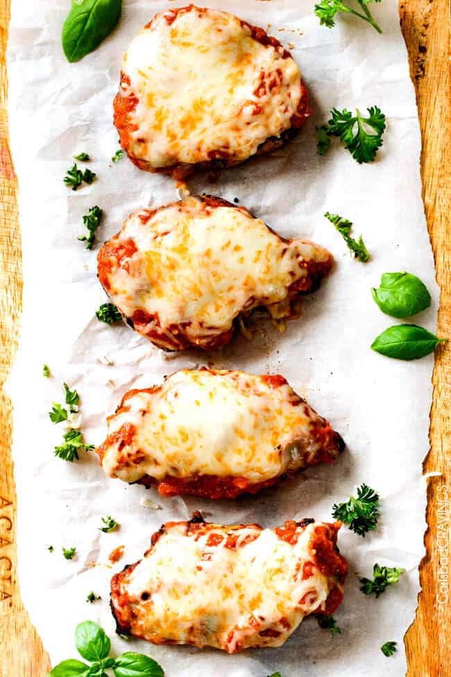 Showing how to make Skinny Chicken Parmesan by melting cheese on the chicken.