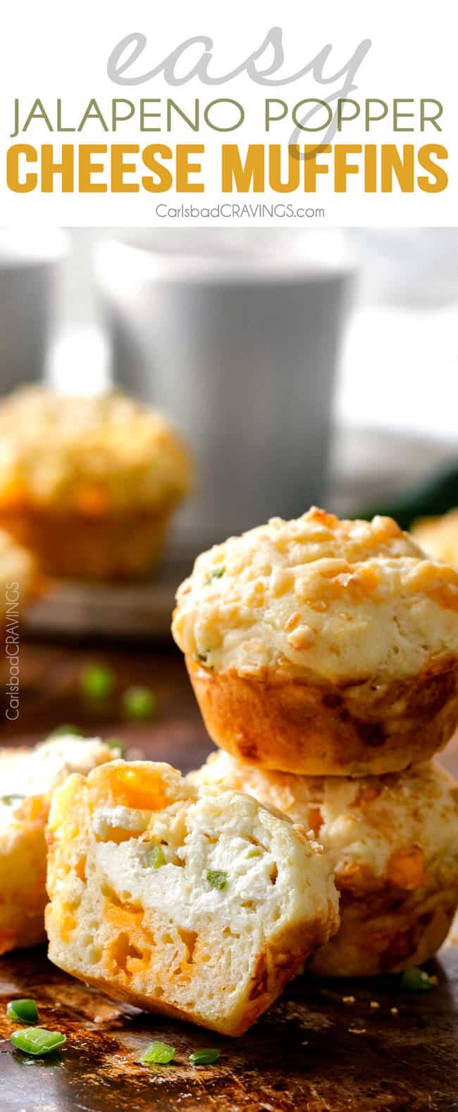 I LOVE these Jalapeno Popper Cheese Muffins! they are super moist with an intense cheesy flavor and a cream cheese jalapeno center with the perfect hint of spice. I bring them to all my potlucks and BBQs and are always a huge hit!